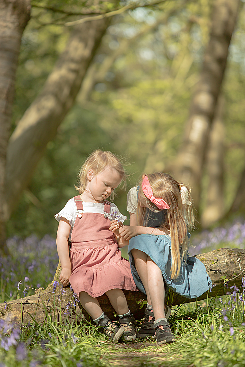 two sisters sitting on a log in the bluebell woods in Buckinghamshire. The older sister is taking care of her little sister's sore hand