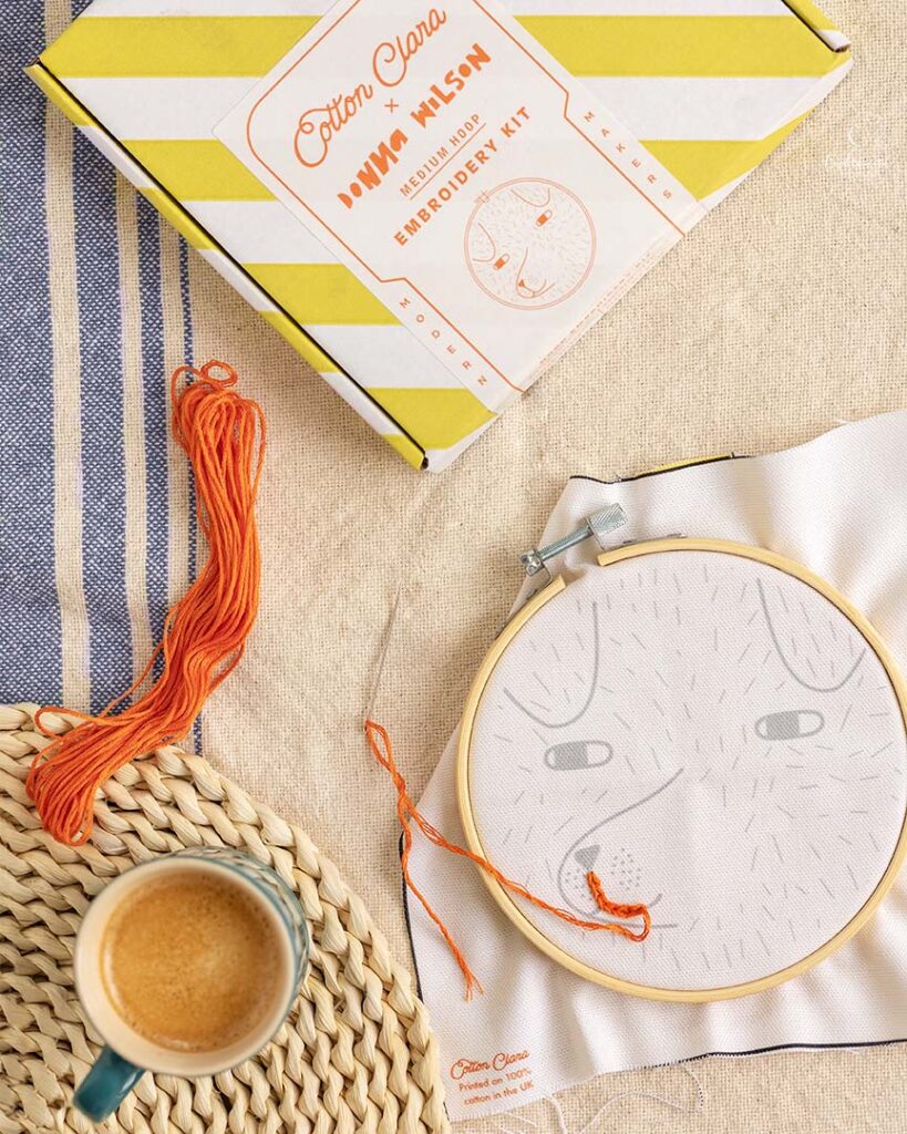 an overhead shot of an embroidery project, with a coffee!
